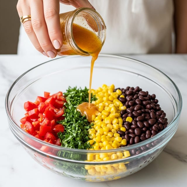 A woman's hand is shown pouring a light orange dressing from a small glass jar into a clear glass bowl filled with chopped fresh ingredients. Inside the bowl, there are four distinct layers of finely chopped foods including bright red tomatoes, deep green herbs, yellow corn kernels, and black beans, each occupying roughly a quarter of the bowl's surface and arranged side by side. The background is blurred, featuring a white marbled texture surface, and there is a soft natural light illuminating the scene. photo taken with an iphone --ar 4:5 --v 7