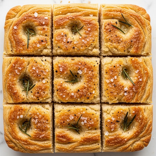 A golden brown focaccia bread cut into nine square pieces, each piece showing a soft, airy texture with slightly raised bubbles on the surface. The top is sprinkled with coarse salt, black pepper, and scattered green rosemary leaves that add a touch of freshness and color contrast. The surface shines with a light glaze of olive oil, highlighting the crispy edges and crumbly, crunchy spots. The background is a white marbled texture. photo taken with an iphone --ar 4:5 --v 7