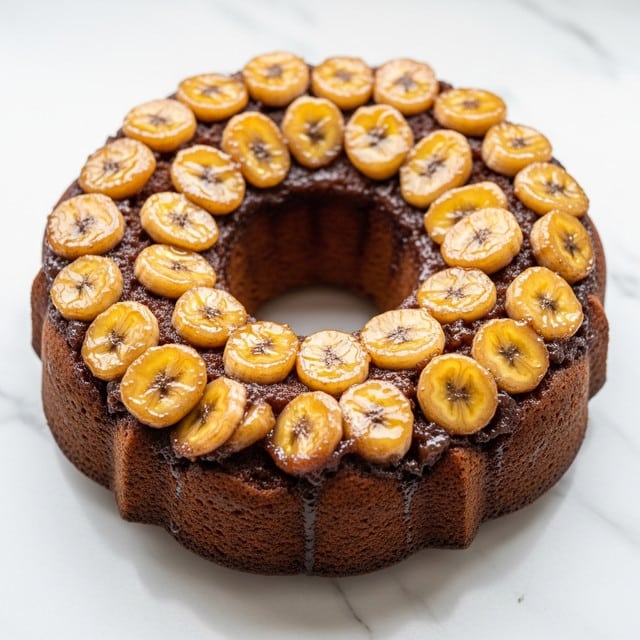 A round bundt cake with a golden brown color sits on a white marbled surface. The cake has a visible hole in the center and is topped with a thick layer of sliced bananas arranged closely together, each banana slice shining with a caramelized glaze that looks sticky and sweet. The cake's texture appears moist and slightly dense, complementing the smooth and glossy banana topping that adds a rich, syrupy finish. photo taken with an iphone --ar 4:5 --v 7