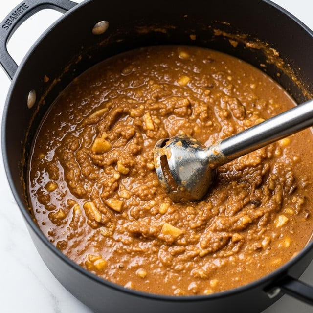 A close-up of a thick, chunky brown soup or stew simmering inside a black pot, with visible pieces of light-colored ingredients mixed in and a metal immersion blender partially submerged in the mixture. The texture looks creamy with some bits floating through. The pot sits on a white marbled surface. photo taken with an iphone --ar 4:5 --v 7