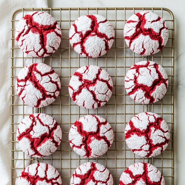 A top-down view of three rows of six round cookies each, placed on a light gold cooling rack set on a white marbled surface. Each cookie is red with a cracked pattern showing through a thick layer of white powdered sugar, giving a crumbled texture on top. The red base peeks through the cracks like veins, creating a striking contrast between the deep red and white. The edges of the cookies are slightly rounded and uneven, showing a soft texture underneath the cracked surface. A white cloth is partly visible beneath the rack on the left side. photo taken with an iphone --ar 4:5 --v 7