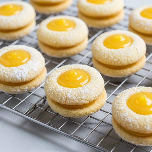 The image shows soft, round cookies arranged on a silver wire cooling rack, placed over a white marbled surface. Each cookie has two layers: the bottom layer is a light yellow, slightly crumbly dough, and the top layer is a smooth, glossy lemon-yellow filling placed in the center creating a small well shape. The cookies are dusted lightly with powdered sugar, adding a soft white texture on the dough edges. The arrangement is slightly angled, giving a close-up view of multiple cookies, with a soft, natural light enhancing the colors and textures. Photo taken with an iphone --ar 4:5 --v 7