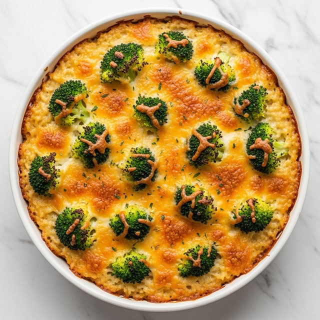 A round white dish holds a baked broccoli cheese casserole, with a golden brown bubbly cheese layer as the top. Bright green broccoli florets are scattered evenly across the top, partially sunken into the cheese which has some browned spots showing a crispy texture. Tiny sprinkles of herbs add a touch of green and detail to the golden surface. The dish is placed on a white marbled textured surface, enhancing the colors and texture of the casserole. photo taken with an iphone --ar 4:5 --v 7