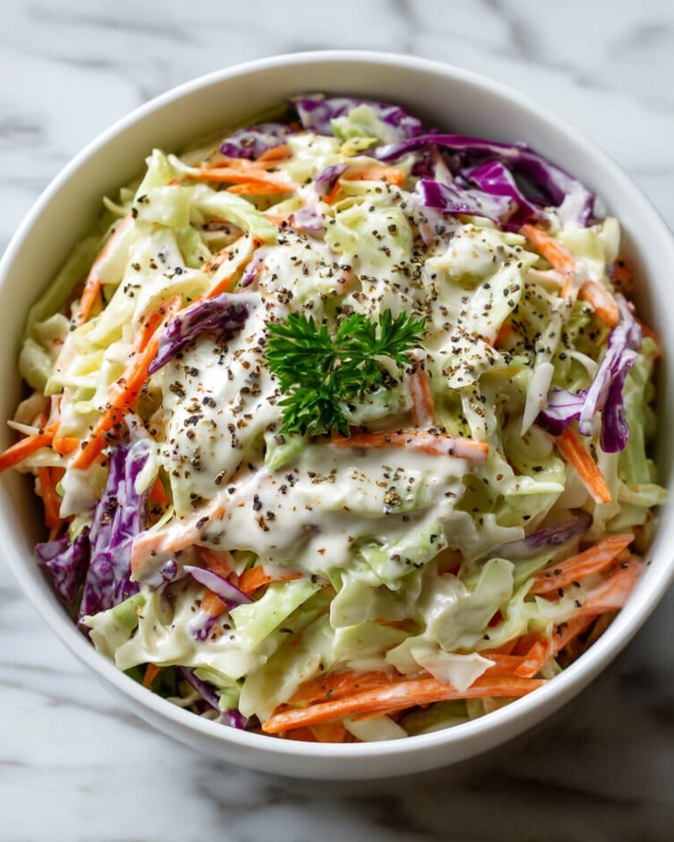 A white bowl filled with coleslaw, showing multiple layers of thinly sliced vegetables. The bottom layer is light green cabbage strips, mixed with bright orange carrot sticks spread evenly. Scattered on top are pieces of purple cabbage adding contrast. The coleslaw is coated in creamy white dressing, with small black pepper specks sprinkled over. A small green parsley leaf sits in the center as decoration. The bowl is placed on a white marbled surface. photo taken with an iphone --ar 4:5 --v 7