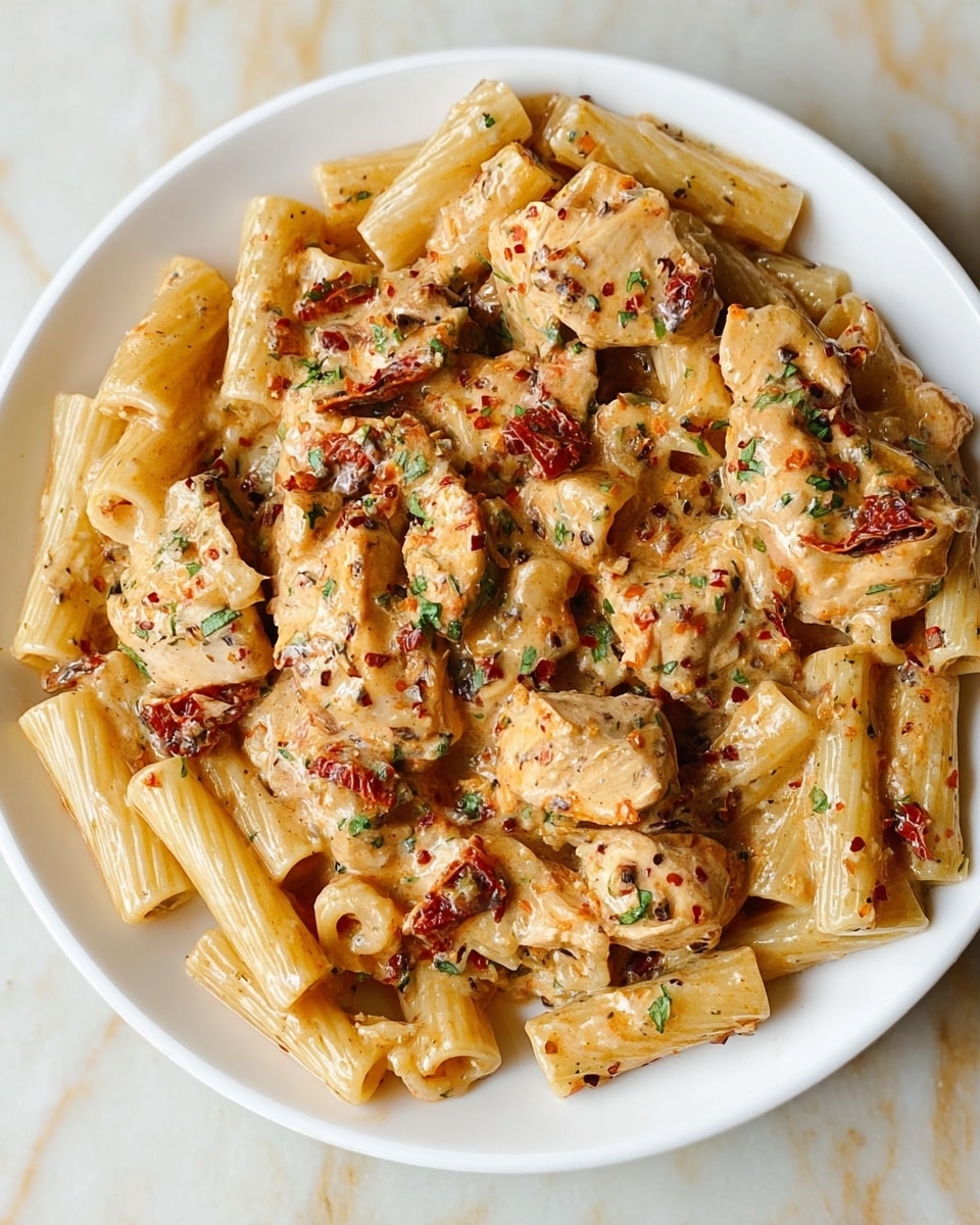 A silver pan filled with creamy pasta dish with short tubular pasta in a light beige creamy sauce. Scattered within the pasta are browned chicken pieces and sun-dried tomato strips. The dish is topped with flecks of green herbs and red chili flakes, giving texture and color contrast throughout. The pan is placed on a white marbled surface. photo taken with an iphone --ar 4:5 --v 7