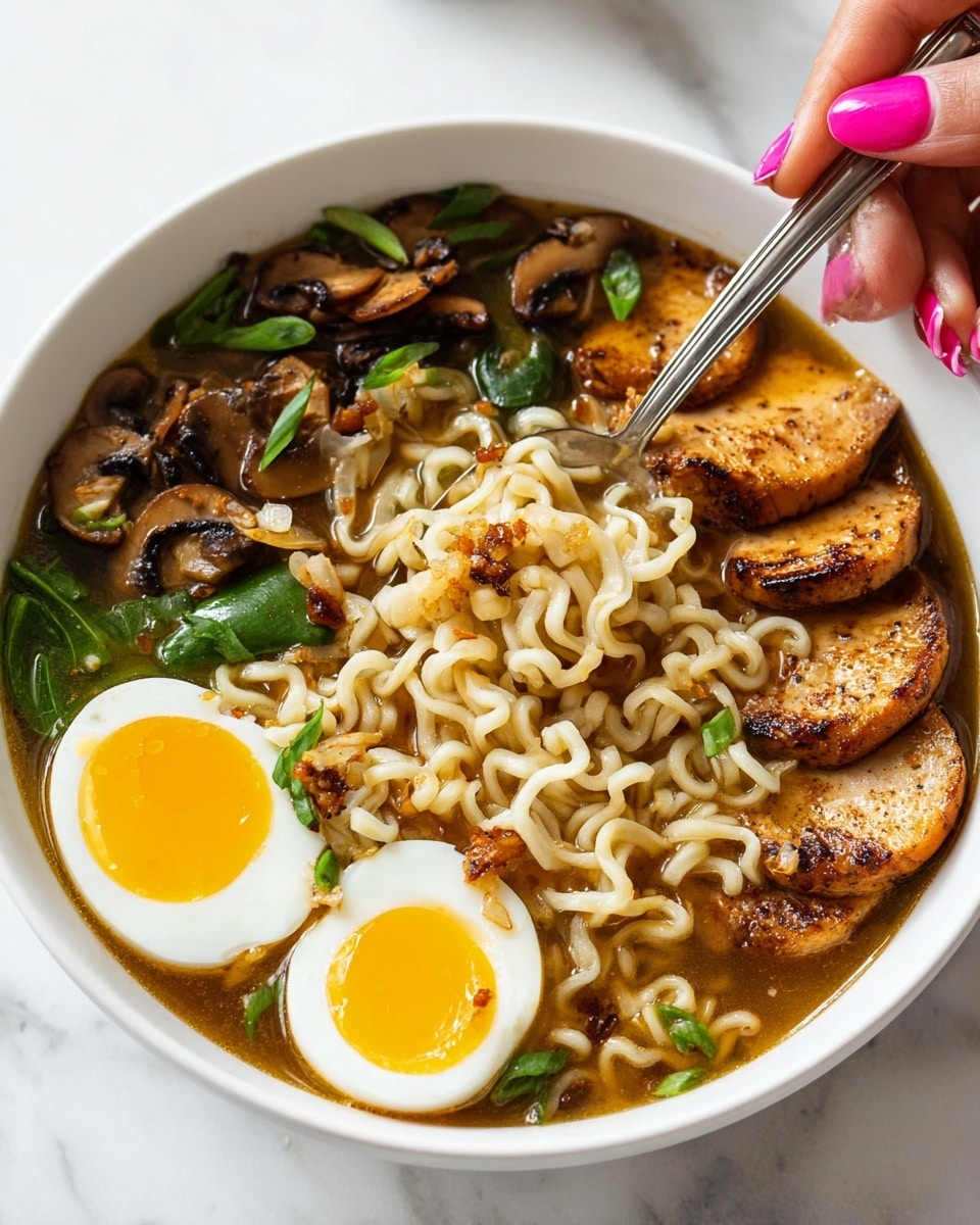 A white bowl filled with ramen noodles in clear brown broth, showing soft, curly noodles submerged in the soup. On one side, there are sliced grilled chicken pieces, golden-brown with a slightly crispy texture and topped with small bits of crushed peanuts. On the opposite side, two halves of a soft-boiled egg with bright yellow yolks sprinkled with red chili flakes. Floating in the broth are sliced mushrooms with brown caps and green scallion pieces, adding color and texture. A silver spoon is dipping gently into the bowl from the right side. The bowl is placed on a white marbled surface with some scattered peanut pieces around it. photo taken with an iphone --ar 4:5 --v 7