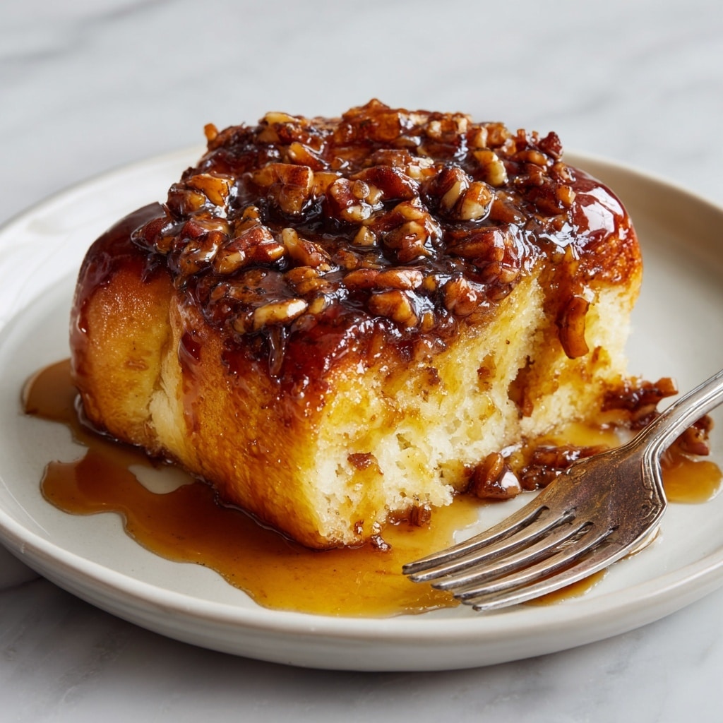 A close-up of a serving of sticky bun on a round white plate with a glossy, dark brown caramelized nut topping covering the top and parts of the sides. The bun’s layers include a golden-brown, slightly shiny crust with a soft, yellow interior speckled with darker spots, showing its sweet, rich texture. Next to the sticky bun is a silver fork, resting on the plate, with sticky caramel sauce spread around it. The plate sits on a white marbled surface, creating a clean and simple background. Photo taken with an iphone --ar 4:5 --v 7