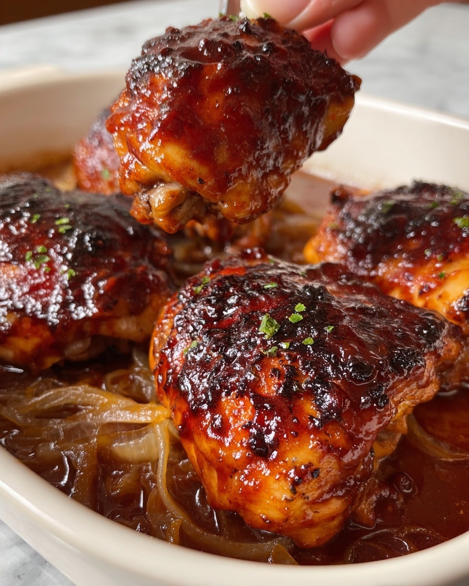 A close-up of three grilled chicken thighs in a white baking dish resting on a white marbled surface, each thigh having a shiny, deep reddish-brown glaze with some blackened char spots on top. One thigh is lifted above the dish by a fork held in a woman's hand, showing light golden skin underneath the glaze with strands of cooked onions underneath it in the sauce. The sauce is thick and brown, pooling around the chicken and onions in the dish. photo taken with an iphone --ar 4:5 --v 7