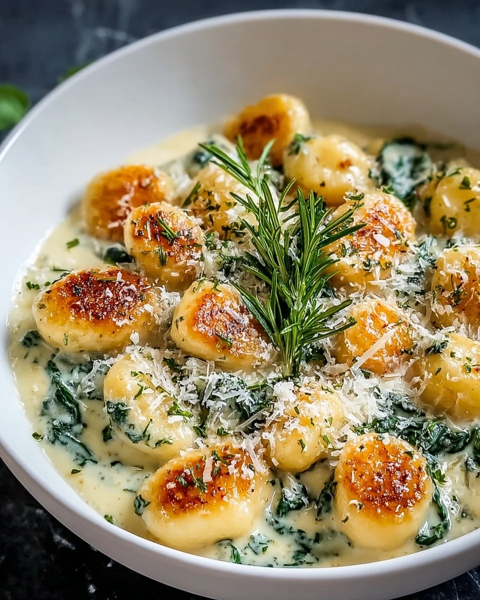 A white bowl filled with golden-brown gnocchi pieces that have a slightly crispy texture on top, sitting in a creamy white sauce flecked with green herbs. The gnocchi are arranged evenly, with some parts showing a light char for added texture. On top, there is a sprinkling of grated cheese and a sprig of fresh green rosemary in the center, adding a fresh touch. The background is a white marbled texture that highlights the warm colors of the dish. photo taken with an iphone --ar 4:5 --v 7