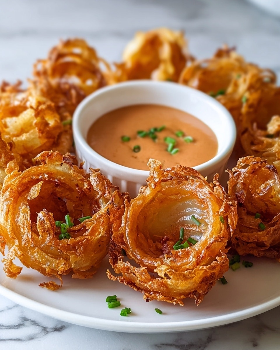A white plate holds several layers of golden brown crispy onion blossoms, each with many curled, thin fried onion layers creating a flower shape; small green herb pieces are sprinkled on top, adding a touch of fresh color. Behind the plate, there is a white bowl filled with a smooth, creamy tan-colored dipping sauce. The scene is set on a white marbled texture surface with soft lighting highlighting the crunchy texture and warm color of the onion blossoms. photo taken with an iphone --ar 4:5 --v 7