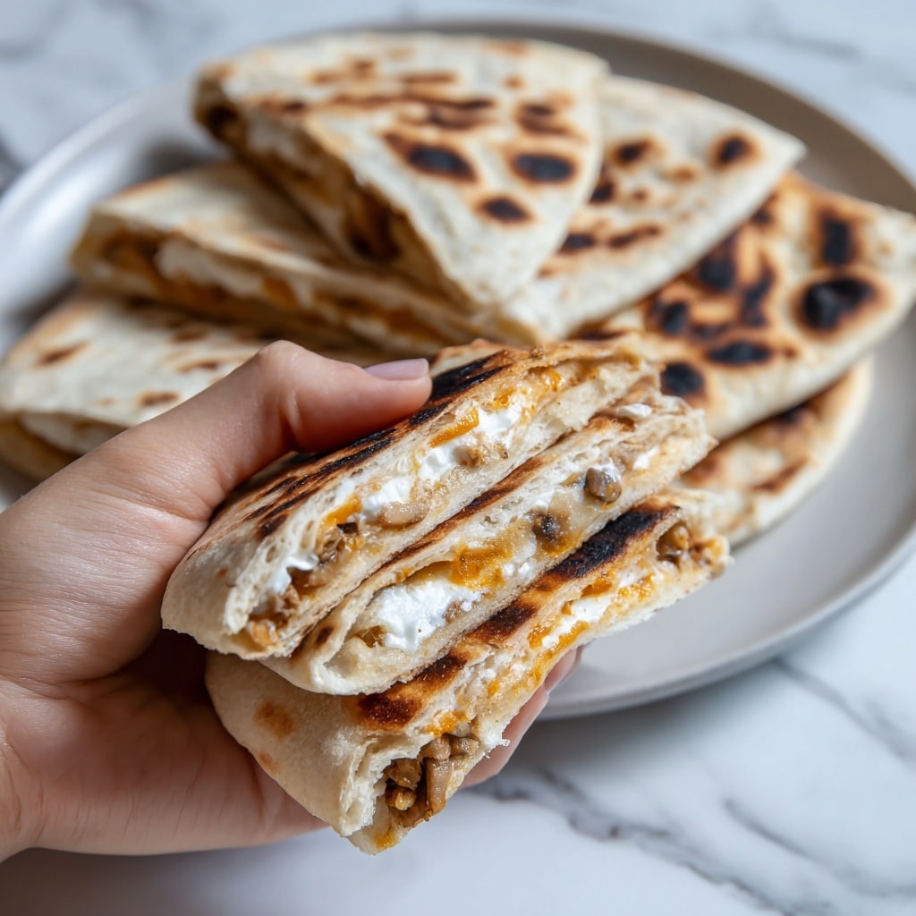 A close-up of a woman's hand holding a folded flatbread piece showing three layers: the outer layer is a golden brown flatbread with dark toasted spots, the middle layer is a slightly crispy light dough, and the inner layer reveals melted white cheese with creamy texture and small brown mushrooms within. Below the held piece, several more folded flatbreads with similar toasted patterns are stacked on a white plate. The background is a white marbled texture. photo taken with an iphone --ar 4:5 --v 7