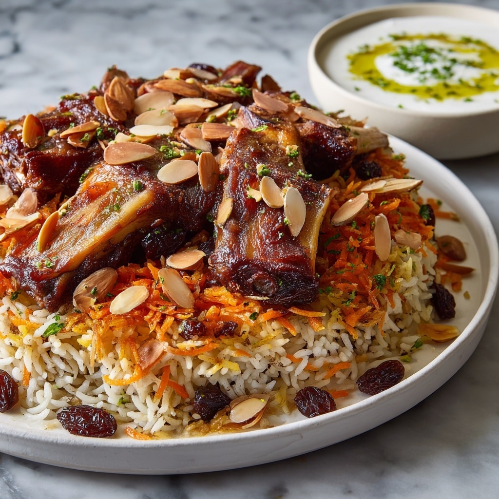 A large white plate holds a layered dish with a base of golden-brown rice mixed with some lighter grains, topped with tender dark brown meat pieces scattered across. Bright orange shredded carrots are spread evenly on top, mixed with small dark raisins and large off-white almonds, creating a colorful contrast. In the background, there is a bowl of creamy white yogurt sauce with green herbs and a little drizzle of yellow oil, in a white bowl. Next to it is a small brown decorative pot filled with raisins and a set of smaller brown pots with lids, all placed on a white marbled surface. Photo taken with an iphone --ar 4:5 --v 7
