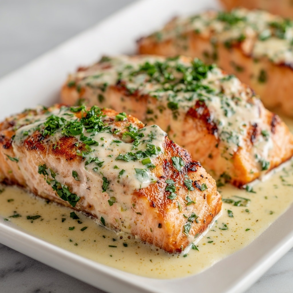 The image shows three thick, golden-brown salmon fillets lined up side by side in a white dish. Each fillet has a creamy, slightly browned melted cheese layer on top, sprinkled with finely chopped green herbs. The salmon has a moist, flaky texture visible beneath the cheese, with some light browning and seasoning on the edges. Around the salmon is a creamy, smooth sauce pooling slightly in the dish. In the background, there are two lemon wedges placed at the top right corner, adding a pop of bright yellow. The dish is set on a white marbled surface. photo taken with an iphone --ar 4:5 --v 7
