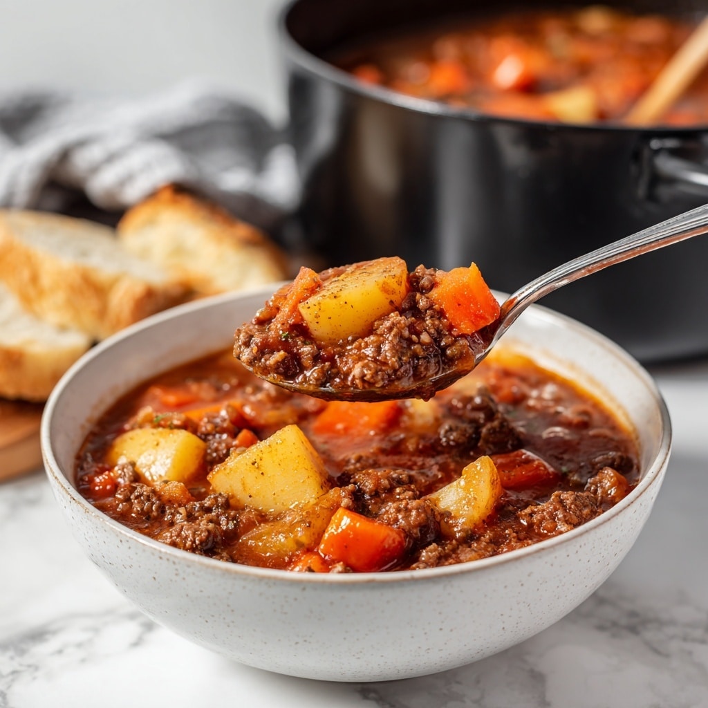 A large bowl filled with chunky beef stew showing three main layers: the bottom and main layer is a thick, rich brown and red stew broth with visible pieces of browned ground beef; the middle layer has orange carrot chunks and beige potato pieces mixed evenly; the top layer includes a shiny, slightly oily surface of stew with a silver spoon lifting a serving that shows the same three layers closely packed together. The bowl is sitting on a white marbled texture with slices of crusty bread nearby. In the background, a black pot filled with more stew is slightly out of focus. Photo taken with an iphone --ar 4:5 --v 7