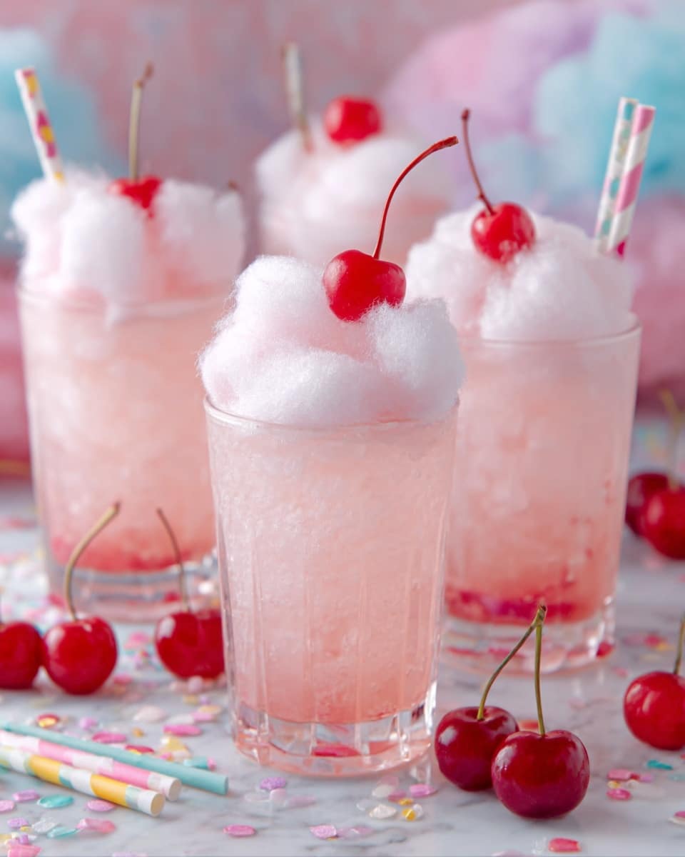 The image shows four clear glasses filled with a light pink drink, each topped with fluffy white cotton candy and a red cherry placed on top. The drinks have crushed ice inside, giving a frosty look, and the glasses are placed on a white marbled surface scattered with colorful confetti. Some cherries are also lying around the glasses, and there are striped pastel pink and yellow straws sticking out of some drinks. The background is softly blurred with soft pink and purple colors, adding a cheerful and playful mood. Photo taken with an iphone --ar 4:5 --v 7