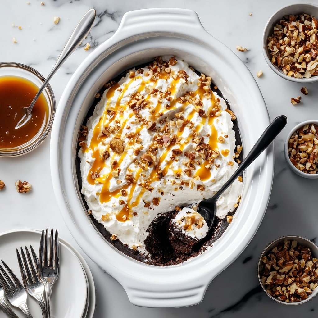 A square piece of dark chocolate cake with three visible layers sits on a white plate on a white marbled surface. The bottom layer is moist and dark with a glossy caramel syrup soaking through, the middle layer is a thick, creamy white frosting, and the top layer is a thick coating of fluffy white whipped cream. The whipped cream is covered with light brown chopped nuts, and caramel syrup drips over the top edges and onto the plate. A second piece of the same cake is blurry in the background, and a white bowl filled with more chopped nuts is partly visible. Photo taken with an iphone --ar 4:5 --v 7