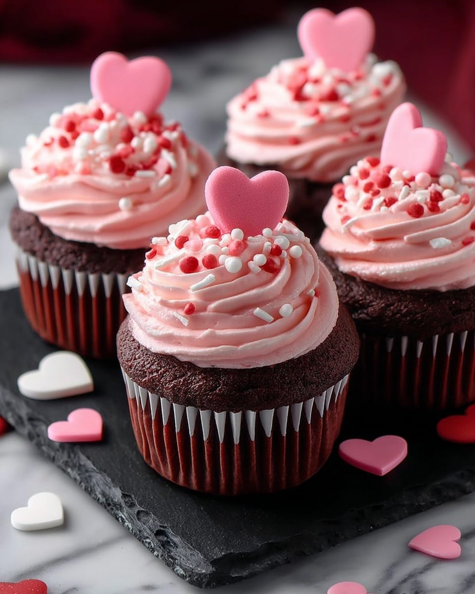 Four chocolate cupcakes are shown, each with two layers: a dark brown base in white paper liners and a thick swirl of light pink frosting on top. The frosting is decorated with small round and heart-shaped sprinkles in red, white, and pink colors, and each cupcake is topped with a larger pink heart-shaped candy. The cupcakes sit closely together on a dark slate serving board, with scattered sprinkles around them on a wood-textured surface changed to a white marbled texture. In the background, there are several shiny red heart-shaped decorations with a soft focus. photo taken with an iphone --ar 4:5 --v 7