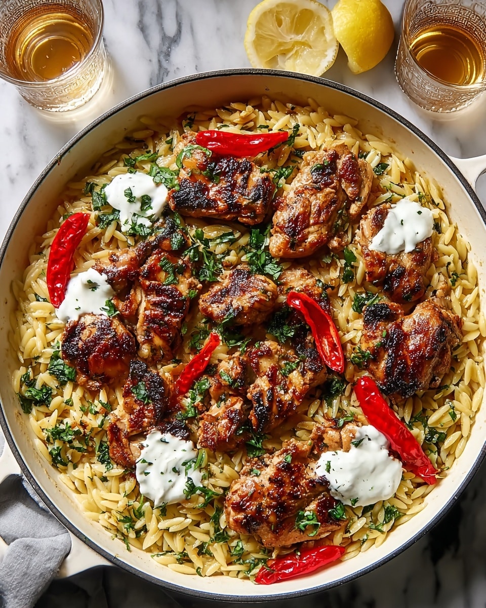 A white pan filled with a dish of cooked orzo pasta as the base layer, light golden with a soft texture, mixed with chopped greens scattered throughout. On top, there are multiple pieces of grilled chicken, golden brown with grill marks, placed evenly. Bright red roasted peppers are spread across the dish, adding contrast. Small dollops of white creamy sauce are placed on top of the chicken pieces. The dish is garnished with chopped fresh herbs. The pan is on a white marbled surface, with a glass of amber liquid and a lemon wedge in the corner. Photo taken with an iphone --ar 4:5 --v 7