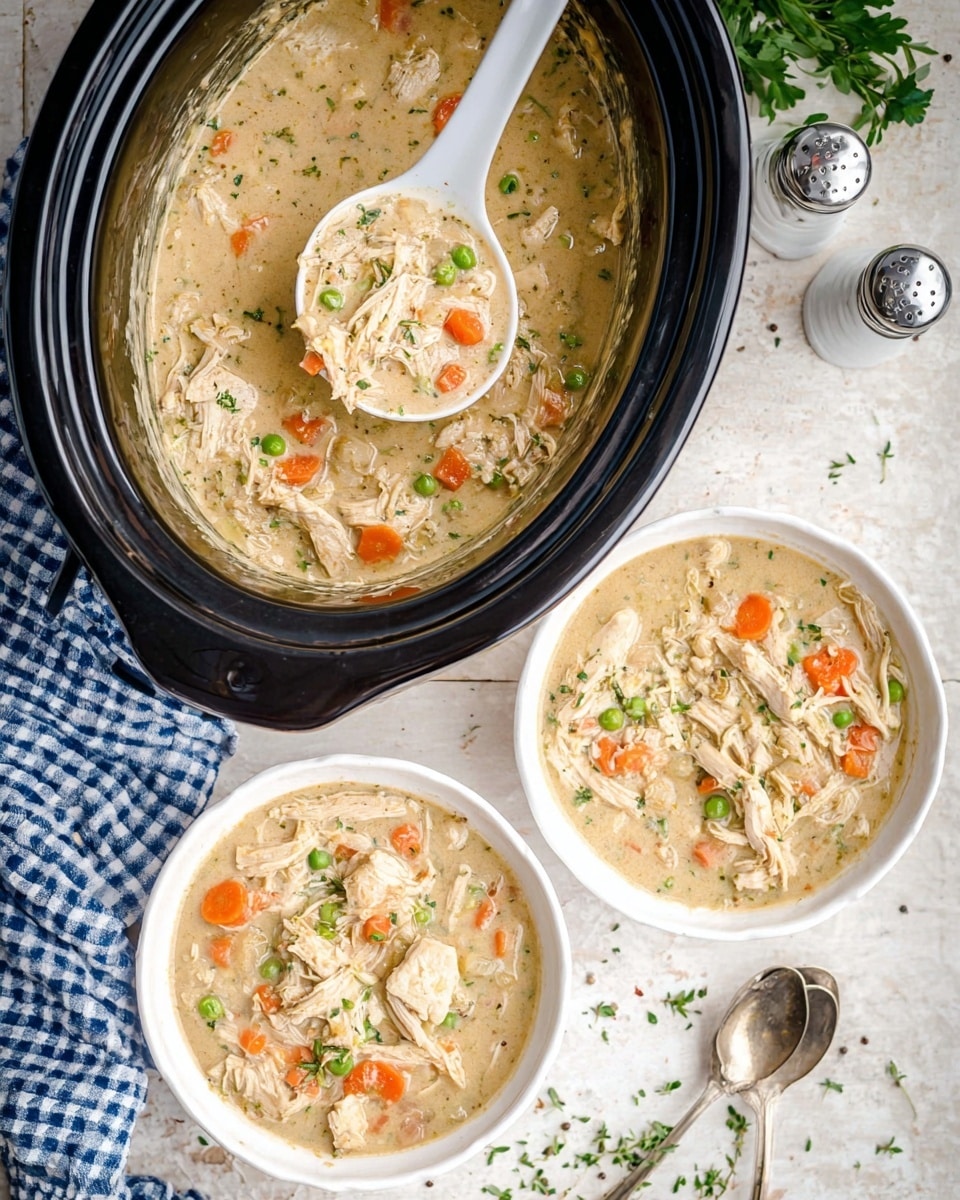 The image shows a black slow cooker filled with a creamy chicken and dumpling stew that has thick chunks of white dumplings, shredded light brown chicken, diced orange carrots, and green peas visible in a light beige, slightly grainy broth. A white ceramic ladle rests inside the slow cooker, holding a small scoop of the stew with a piece of carrot and dumpling. In front of the slow cooker, two white bowls are filled with generous servings of the same stew, showing similar layers of dumplings and vegetables piled above the broth. The setting includes a white wooden surface with a white marbled texture beneath, with scattered green parsley leaves, a metal salt and pepper shaker, and a blue plaid cloth with a silver spoon partly visible near the bottom left. photo taken with an iphone --ar 4:5 --v 7