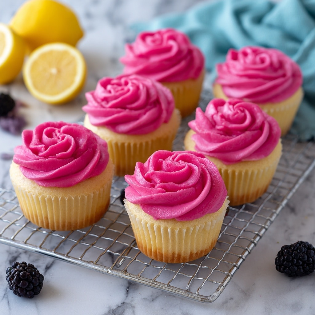 A close-up view of five cupcakes arranged on a silver cooling rack over a white marbled surface, each cupcake wrapped in a pale yellow liner speckled with tiny black dots. Each cupcake has a thick swirl of deep pink frosting on top with a smooth, slightly shiny texture, piped in a layered spiral forming a small peak. In the foreground, a fresh blackberry sits on the marbled surface near the rack. The background is softly blurred with a white and pale blue tone, focusing attention on the cupcakes. photo taken with an iphone --ar 4:5 --v 7
