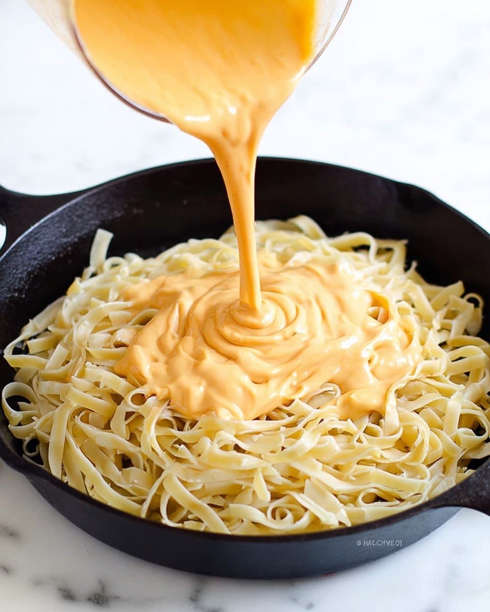 A black cast iron pan contains a layer of cooked tagliatelle pasta, showing a pale yellow color and slightly glossy texture from being cooked. From above, a thick creamy orange sauce is being poured over the center of the pasta, spreading across it. The sauce looks smooth and rich, creating a contrast with the pale noodles beneath. The background is a white marbled surface. Photo taken with an iphone --ar 4:5 --v 7