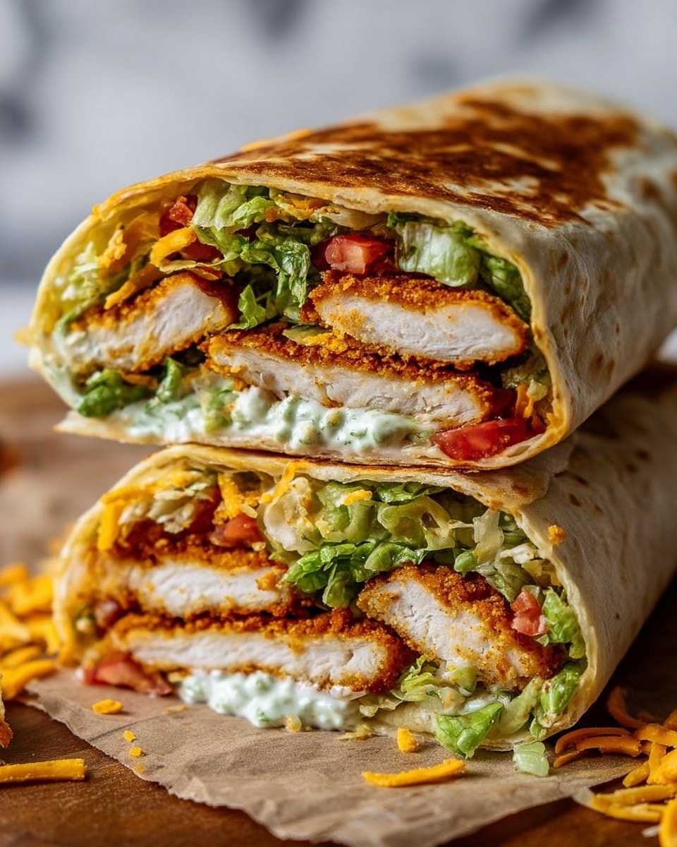 A close-up of a wrap cut into three stacked pieces, each showing layers of crispy golden-brown fried chicken, shredded bright green lettuce, small chunks of red tomato, bits of purple onion, and melted orange cheddar cheese, all inside a toasted golden tortilla with grill marks. The background is a white marbled texture with a bright orange backdrop, creating a warm and fresh look. Photo taken with an iphone --ar 4:5 --v 7