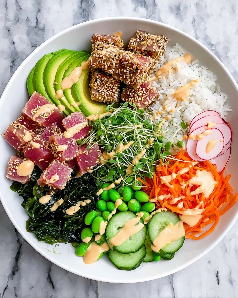 A white bowl filled with a colorful poke bowl arranged in neat sections, starting with chunks of pink seared tuna coated with black and white sesame seeds in the bottom left, bright green seaweed salad to the left, and diced avocado pieces above it; next to the avocado and tuna is a portion of white rice sprinkled with black sesame seeds and seasoning in the top right. Thinly sliced radish rounds sit to the right of the rice, while shredded orange carrots are placed to the far right. Below the rice and radishes are fresh green edamame beans and cucumber slices, topped with small green sprouts in the center. The entire bowl is drizzled with a light orange creamy sauce. The bowl is on a white marbled texture. photo taken with an iphone --ar 4:5 --v 7