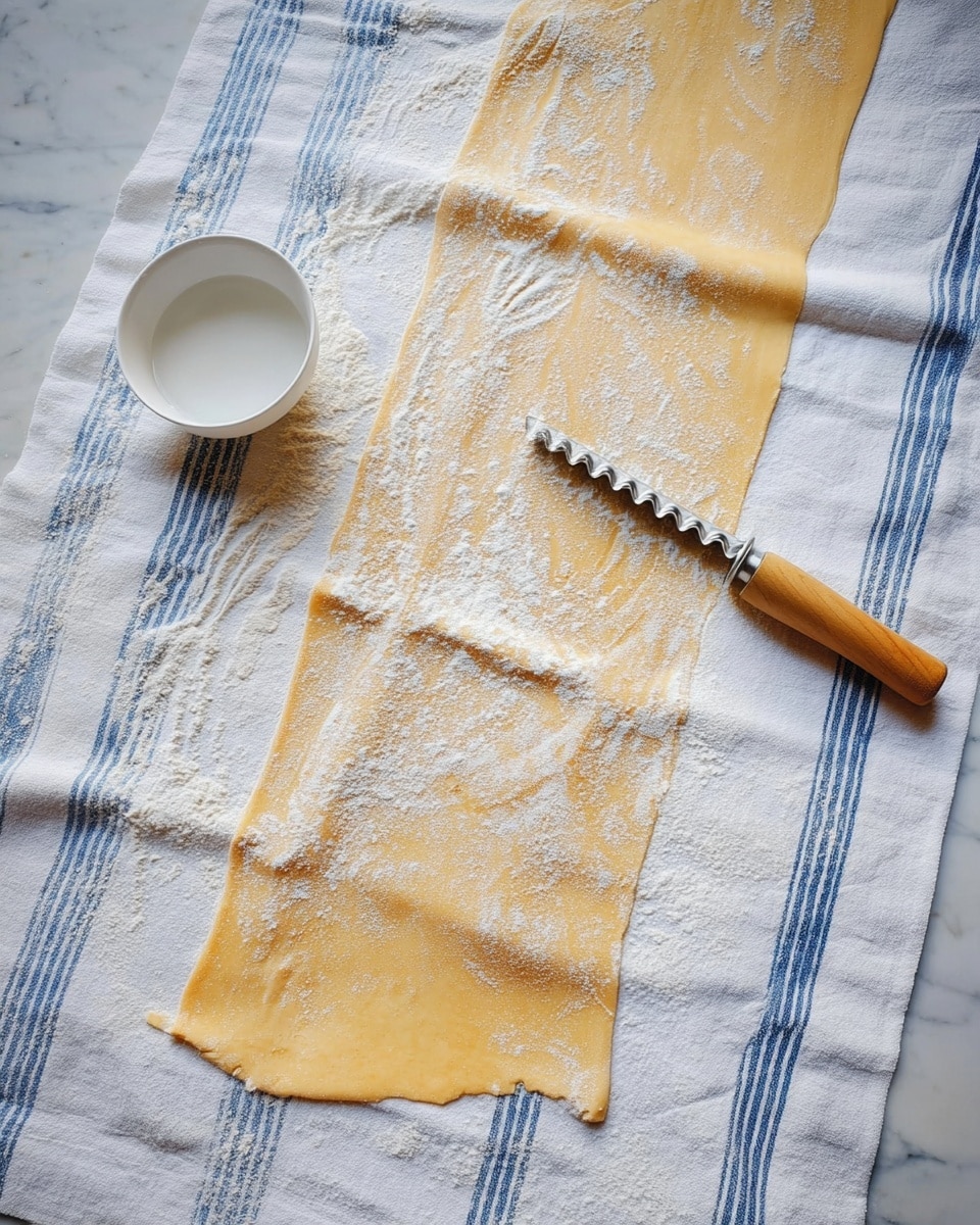 A long, flat sheet of yellowish dough dusted with white flour lies on a white cloth with blue stripes over a white marbled surface. The dough sheet is smooth and slightly glossy with a light scattering of flour creating a textured look. Near the dough is a small, white round dish filled with water and a pasta cutter with a wooden handle and a wavy metal edge resting beside it. The scene is simple and clean, with the tools and dough laid out as if ready for cutting or shaping. photo taken with an iphone --ar 4:5 --v 7