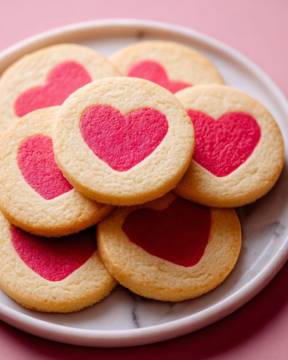 A white plate holds a stack of round cookies, each with two layers: a larger outer layer of light golden-brown soft cookie and a smaller, centered heart shape in bright red on top, creating a clear contrast. The cookies have a smooth, slightly textured surface, and some overlap each other, showing their uniform size and thickness. The background is a clean pink color with a white marbled texture underneath the plate. photo taken with an iphone --ar 4:5 --v 7
