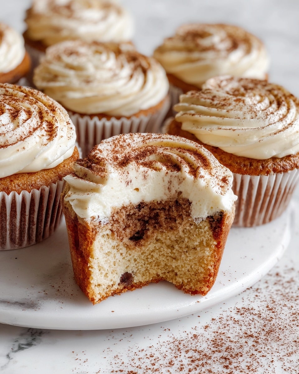 The image shows six vanilla cupcakes with two layers clearly visible. The bottom layer is a light brown, soft cake with a few darker brown spots. The top layer is a thick, white creamy frosting swirled in a circular pattern, dusted with a fine layer of cocoa powder on top, giving it a speckled look. One cupcake in the front has a bite taken out, revealing the moist texture inside the cake and the thick frosting above. The cupcakes are in white paper liners and placed closely together on a white plate. The plate rests on a white marbled surface with a sprinkle of cocoa powder around the cupcakes. Photo taken with an iphone --ar 4:5 --v 7