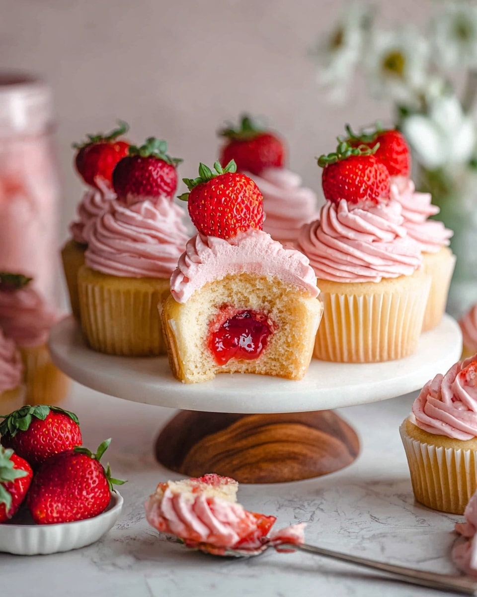 A single vanilla cupcake sits at the center on a small white ceramic plate with a wavy edge, placed on a white cupcake stand with a thick stem. The cupcake has a light golden-brown base with visible texture from the paper liner. On top, there is a thick swirl of smooth, light pink frosting that forms soft ridges and peaks, crowned by a small, bright red strawberry with green leaves positioned on the right side near the peak. In the blurred background, more cupcakes with similar pink frosting and strawberries can be seen on a white marbled surface, along with a glass container of red liquid. photo taken with an iphone --ar 4:5 --v 7
