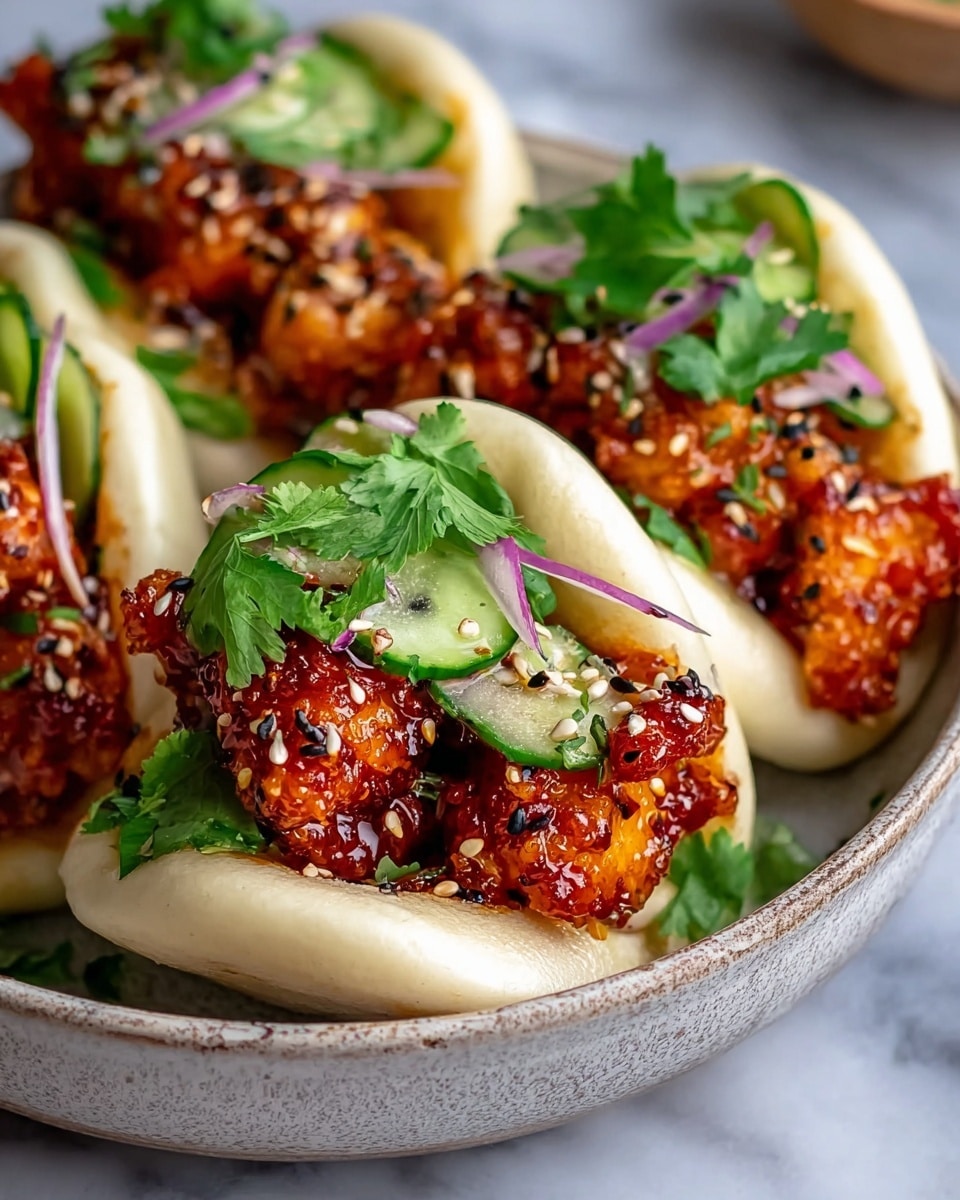 The image shows three steamed white buns filled with crispy golden-brown fried chicken pieces coated in a bright red spicy sauce. Each bun is topped with thin slices of fresh green cucumber, thin purple onion strips, and sprinkled white and black sesame seeds. Fresh green cilantro leaves add a pop of color on top. The buns and their fillings sit inside a round white bowl with a rough exterior texture, all placed on a white marbled surface in soft natural light. Photo taken with an iphone --ar 4:5 --v 7