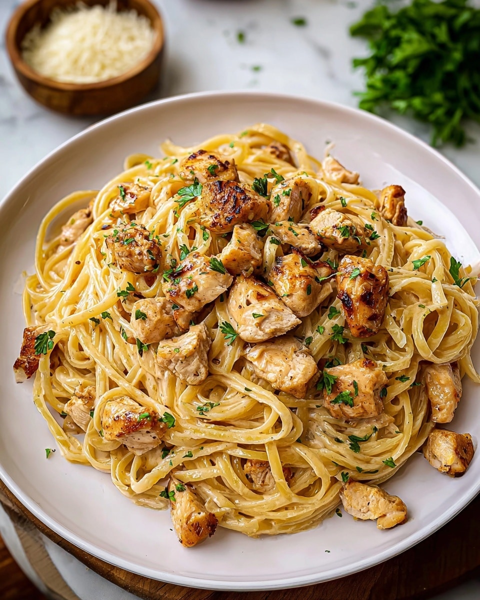 A white round plate filled with a base layer of light beige fettuccine pasta twisted softly and evenly across the plate. On top, there are several pieces of golden-brown grilled chicken chunks, scattered evenly, showing a slightly crispy and browned texture with some black pepper specks visible. Small green parsley flakes are sprinkled lightly over the pasta and chicken, adding a fresh touch of color. In the background, a wedge of lime and fresh parsley can be seen on a white marbled surface. Photo taken with an iphone --ar 4:5 --v 7