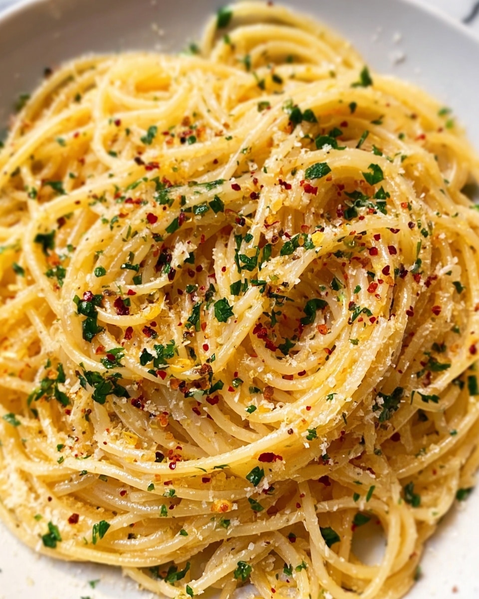 A close-up of a white bowl holding a single nest of plain cooked spaghetti, glistening slightly with oil, showing a smooth yellow color and soft texture. The top layer of spaghetti is sprinkled evenly with small bits of grated white cheese, black pepper flakes, red chili flakes, and bright green chopped parsley, adding pops of color and texture contrast. The white marbled surface underneath softly blurs in the background, focusing attention on the pasta. photo taken with an iphone --ar 4:5 --v 7