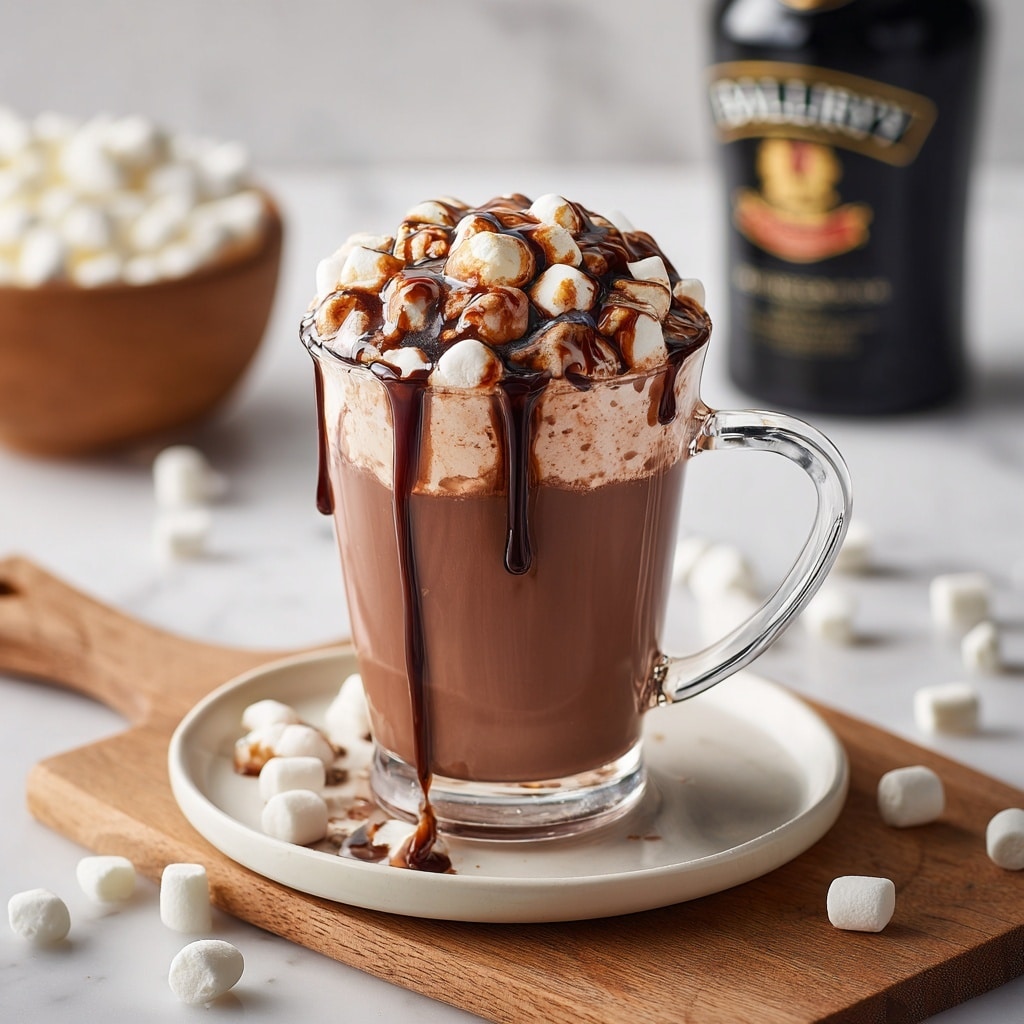 A clear glass mug filled with smooth, dark hot chocolate sits on a white plate, which rests on a wooden board. The hot chocolate is topped with a thick layer of small, white marshmallows, drizzled with dark chocolate syrup that drips slightly down the side of the mug. In the blurred background, there is a black bottle with a label and a wooden bowl full of more marshmallows, scattered white mini marshmallows rest on the white marbled surface around the mug. photo taken with an iphone --ar 4:5 --v 7