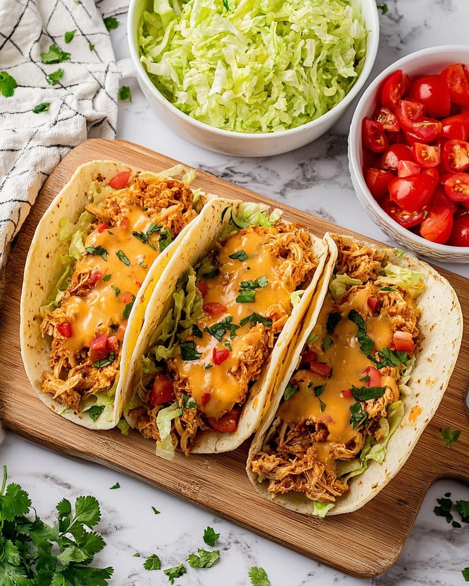 Three tacos sit side by side on a wooden tray, each made with soft white tortillas folded to hold a filling of shredded chicken mixed with small red tomato pieces and chopped green herbs. The shredded chicken layer, light brown and textured, is topped with a pale orange creamy sauce drizzled over the front taco. In the background, a white bowl filled with extra shredded chicken and a metal tongs rest near the tacos on a white marbled surface. On either side of the tray, small white bowls hold fresh diced tomatoes and shredded lettuce. Photo taken with an iphone --ar 4:5 --v 7