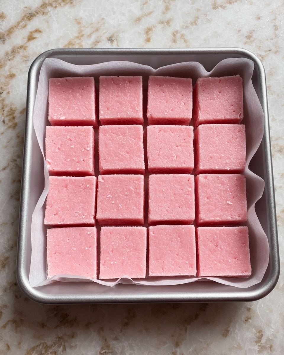 The image shows a square metal baking pan lined with parchment paper, filled with twelve evenly cut pink bars arranged in a 3 by 4 grid. Each bar has a smooth and slightly textured top surface with a light pink color and a visible creamy consistency. The bars rest on a thin, pale crumbly white base layer. The edges of the bars are cleanly cut and the surrounding parchment paper is slightly crumpled. The pan sits on a white marbled surface. Photo taken with an iphone --ar 4:5 --v 7