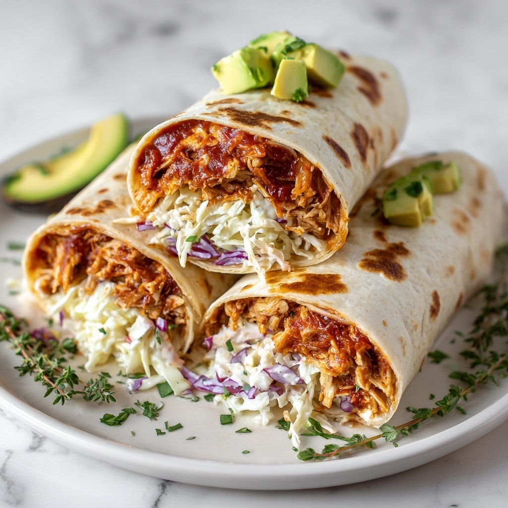Two burritos are cut in half and placed on a wooden board with green herb pieces scattered around. Each burrito has three visible layers: the outer white tortilla with light brown grill marks and small green herb bits on top; inside, a layer of reddish-brown shredded chicken mixed with sauce, showing moist texture; followed by a fresh slaw layer of white and purple cabbage with thin green bits, adding a crisp look. The close-up view highlights the textures and colors, making the filling look juicy and fresh. Photo taken with an iphone --ar 4:5 --v 7
