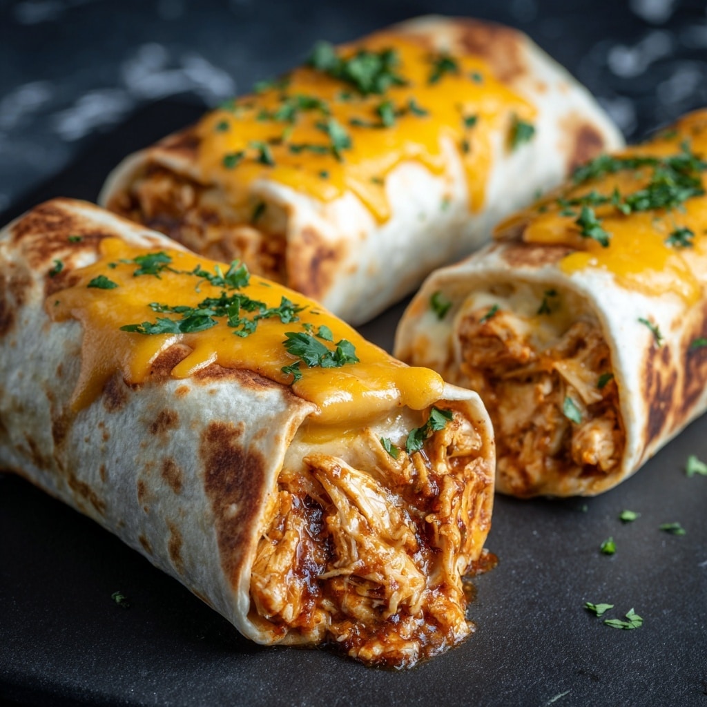 The image shows two golden-brown burritos placed on a wooden board, each wrapped in a soft, slightly toasted white tortilla with crispy edges. One burrito is cut open, revealing an inside layer of melted yellow cheese mixed with shredded chicken that looks juicy and tender. Small green cilantro leaves are scattered on top and near the burritos. In the blurred background, there are white bowls with a chunky red salsa and a creamy white sauce. The whole scene is set on a white marbled texture surface. photo taken with an iphone --ar 4:5 --v 7