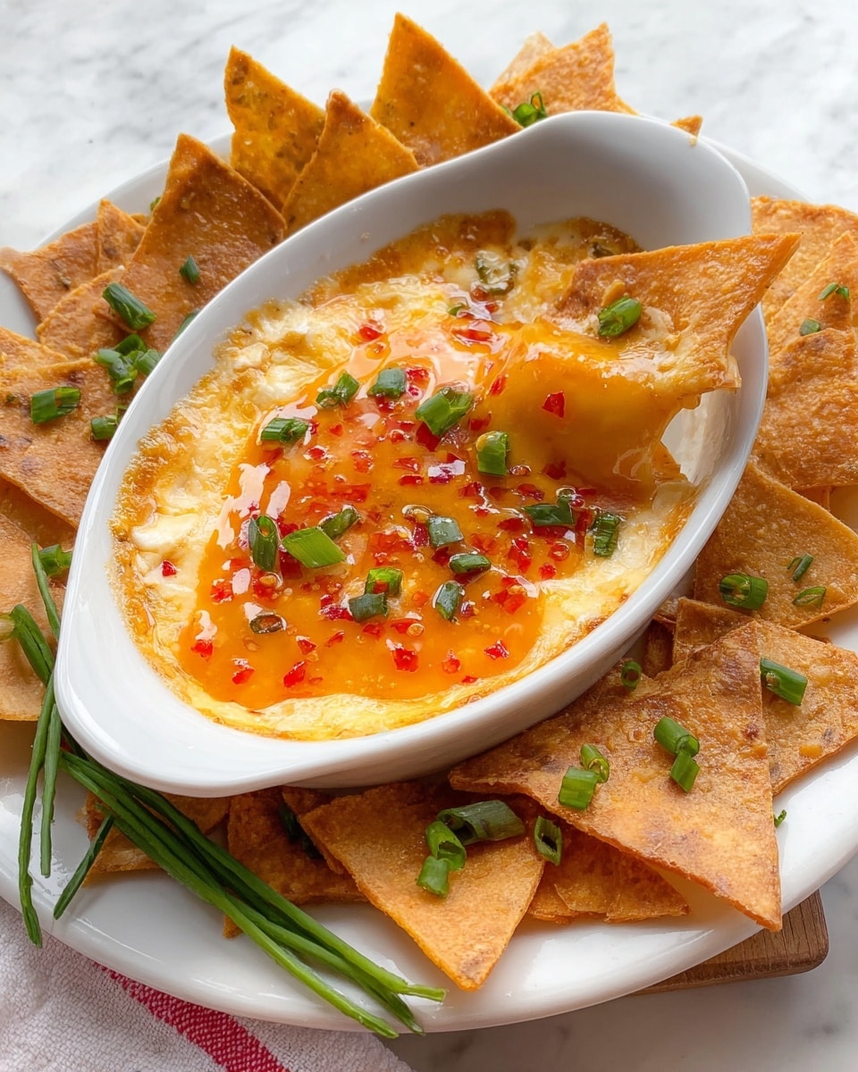 A white oval dish filled with a creamy dip that has a shiny, orange-red glaze on top sprinkled with small green onion slices. The dish is placed on a white plate with a handle cutout, surrounded by golden brown, crispy triangular chips also sprinkled with green onion slices. A few green onions and a piece of crab stick rest on the plate near the dish. The whole setup is on a white marbled surface. photo taken with an iphone --ar 4:5 --v 7