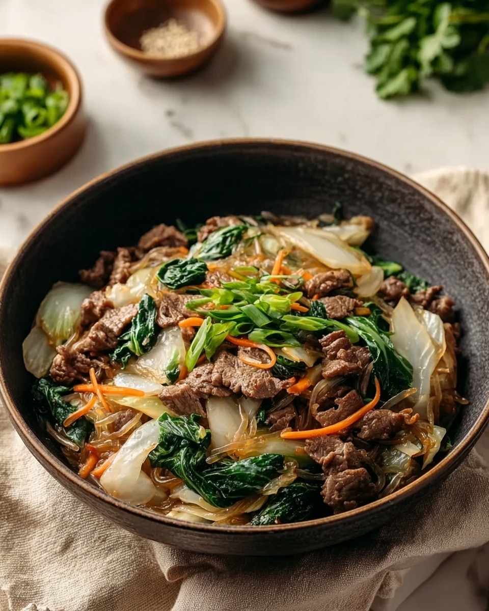 A dark bowl filled with a stir-fry dish that has three main layers: at the bottom, white and translucent cooked bok choy and onions with soft texture; in the middle, brown cooked slices of beef; and on top, bright green leafy bok choy pieces and small thin orange carrot strips, all mixed together. The bowl is placed on a white marbled surface with a beige cloth nearby and out-of-focus green herbs and small bowls in the background. Photo taken with an iphone --ar 4:5 --v 7
