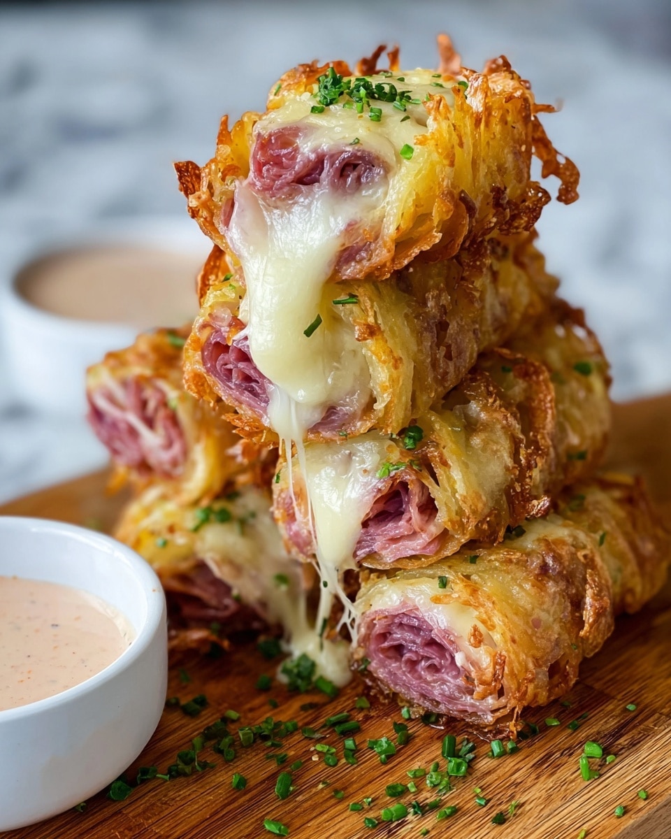The image shows a stack of four rolled crispy potato nests filled with pinkish sliced meat and creamy melted cheese inside, with golden brown crispy edges and melted cheese dripping down. The rolls are sprinkled with small green herb pieces on top and around them. In the background, there is a small white bowl with a light pink dipping sauce. The rolls are placed on a wooden board, which is set on a white marbled surface. photo taken with an iphone --ar 4:5 --v 7