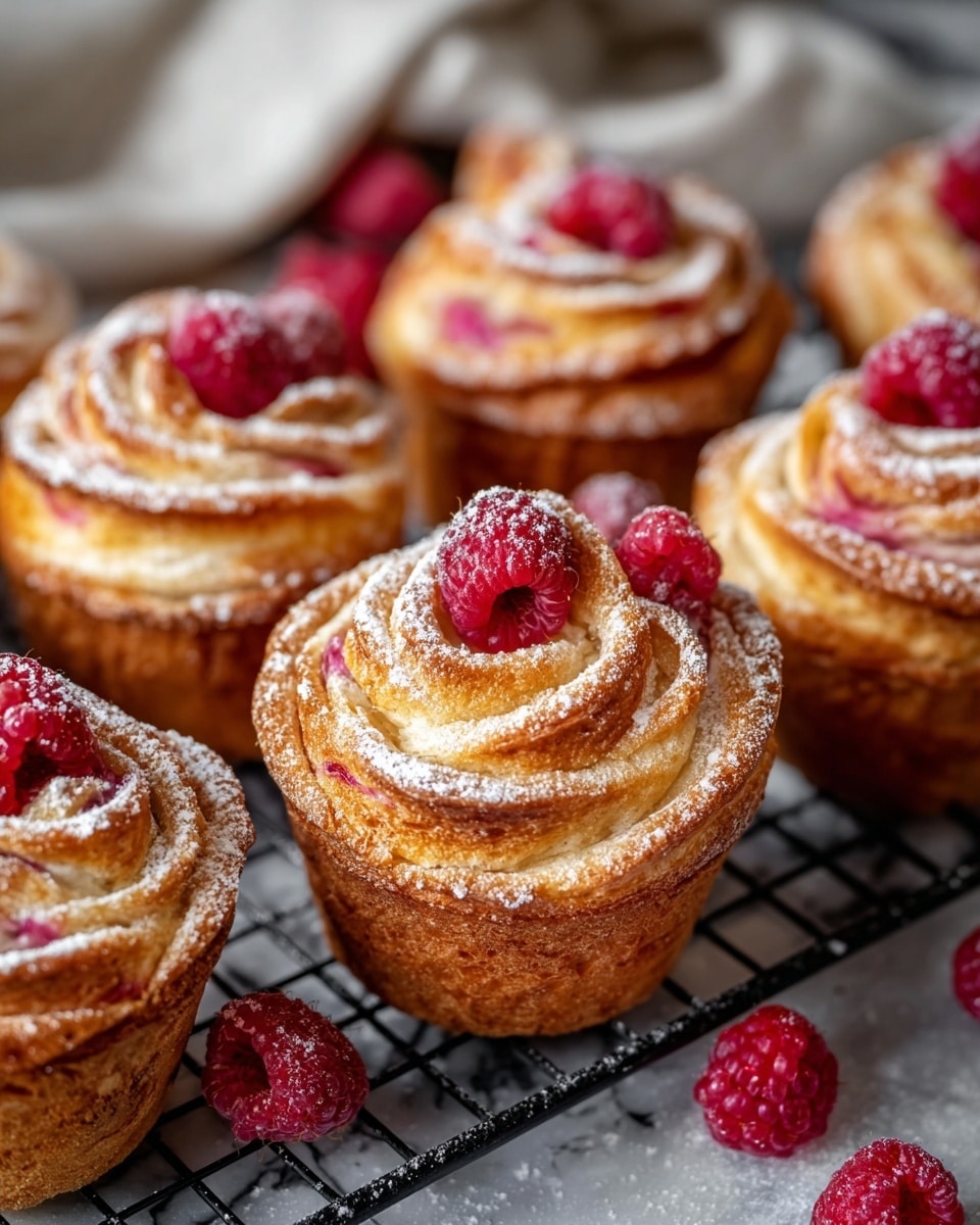 The image shows several golden-brown muffins with a rose-like swirl pattern on top, each swirl made of light tan and slightly glossy dough mixed with hints of pink raspberry fruit, creating delicate layers. The tops of the muffins are dusted with fine white powdered sugar, and each has one or two fresh, bright red raspberries placed in the middle of the swirl or on top. The muffins sit closely together on a dark wire cooling rack, which is placed on a white marbled texture surface, and more raspberries are scattered around the rack. A soft gray cloth is partly visible in the lower corner. photo taken with an iphone --ar 4:5 --v 7