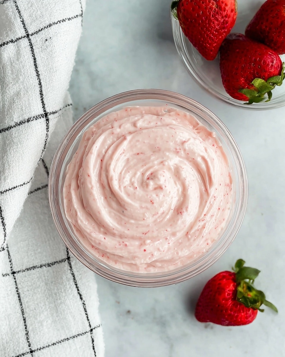 A clear glass bowl filled with one smooth layer of light pink whipped cream mixed with small red strawberry pieces, swirled in a circular pattern from the center outward. The bowl sits on a white marbled textured surface, partly resting on a white and black checkered cloth. Fresh whole strawberries with green tops are placed scattered around the bowl. Photo taken with an iphone --ar 4:5 --v 7
