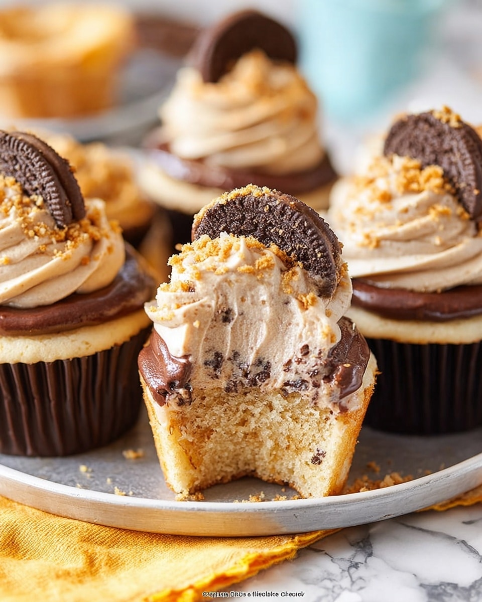 A white cupcake with three layers: the bottom layer is a light beige cupcake base with a soft texture, the middle layer is a smooth dark chocolate ganache spread evenly on top of the cupcake, and the top layer is a thick swirl of light brown frosting with specks of crushed cookie crumbs sprinkled over it. Each cupcake is topped with a half of a chocolate-coated wafer candy with a visible layered inside showing light brown wafer and cream. The cupcakes are arranged closely together on a white plate with some crushed cookie crumbs scattered around. The background features a white marbled texture. Photo taken with an iphone --ar 4:5 --v 7