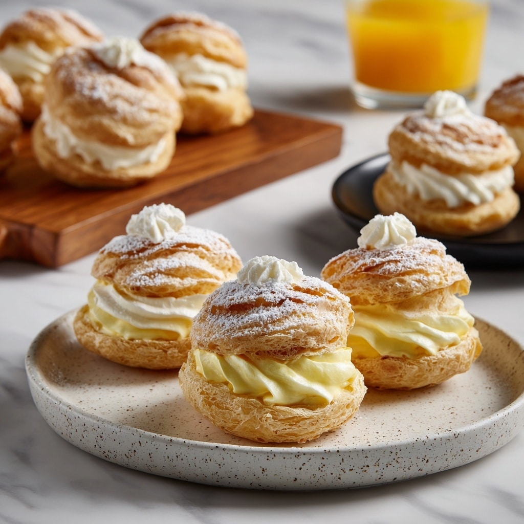 The image shows two plates of lemon cream puffs, each puff made of three visible layers of light golden-brown, flaky pastry with a slightly crispy texture. Between the layers and on top is a pale yellow, smooth lemon cream filling, topped with a swirl of white whipped cream or frosting and a dusting of powdered sugar. The first plate is white with speckled design, holding four puffs, placed on a white marbled surface. In the background, there is a wooden board with more pastries and a glass of orange juice. The second plate is black and holds five puffs, also on a white marbled surface, creating a contrast that highlights the golden pastry and creamy filling. Photo taken with an iphone --ar 4:5 --v 7