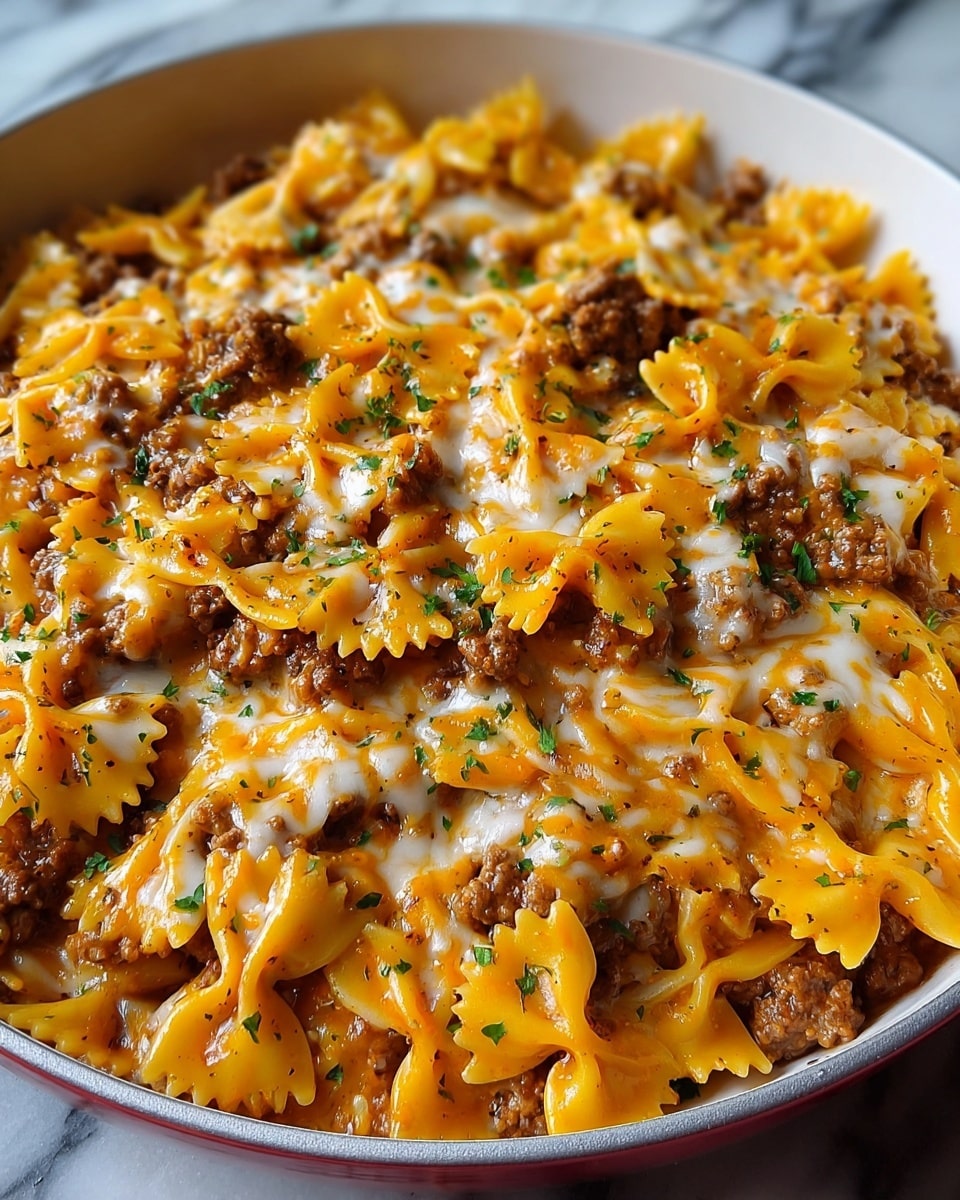 The dish is served in a white pan filled with layers of cooked bowtie pasta coated in melted orange cheddar cheese. Scattered throughout are browned ground beef pieces adding texture and color contrast. The dish is topped with a mix of melted white and orange cheeses creating a creamy, rich layer. Small green herb bits are sprinkled evenly over the top, adding freshness and a pop of color. The dish looks cheesy and hearty with visible seasoning specks, sitting on a white marbled surface. photo taken with an iphone --ar 4:5 --v 7