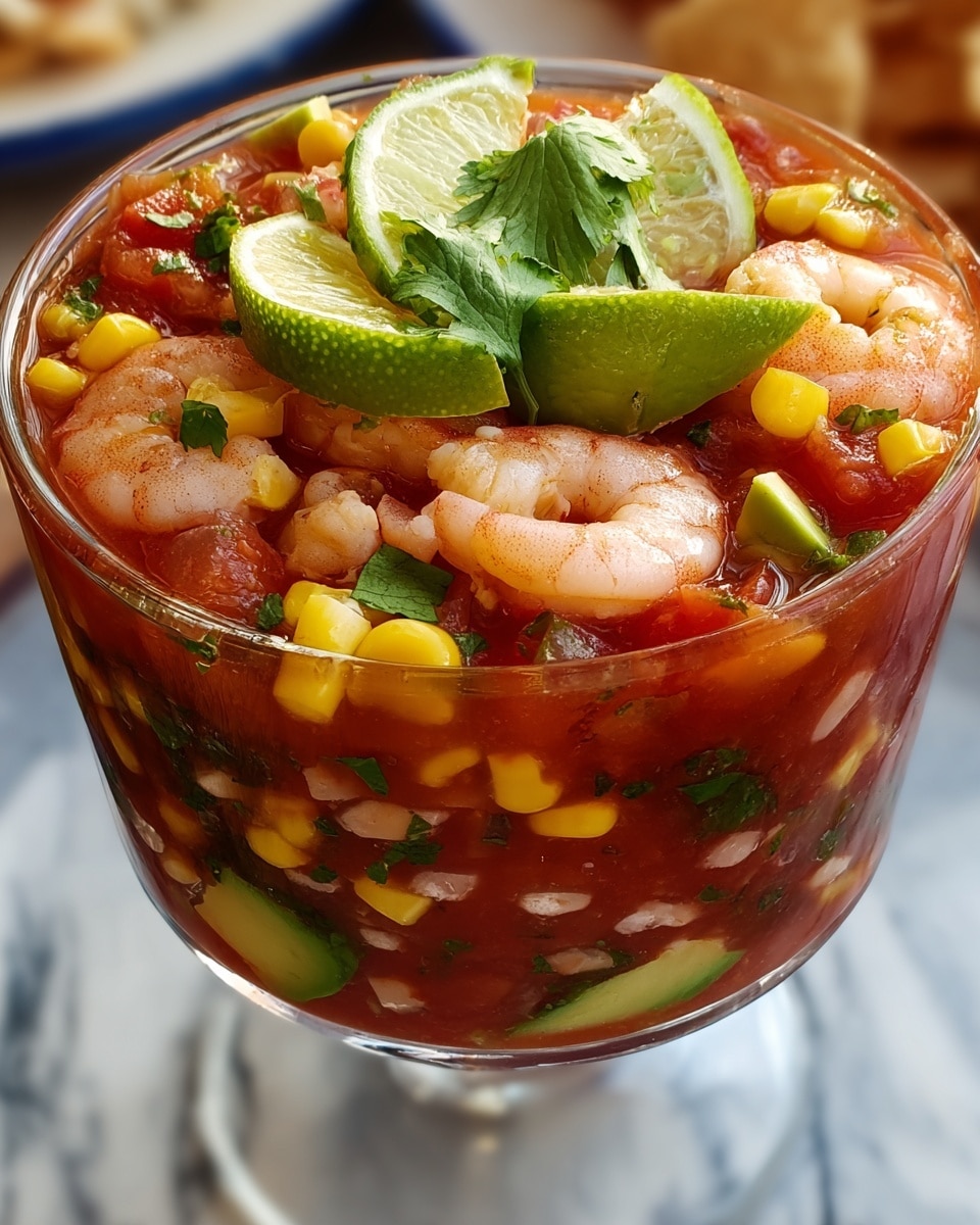A glass cup filled with a layered shrimp cocktail featuring plump shrimp and pieces of white seafood mixed with diced yellow, red, and green vegetables in a thick, reddish sauce. The top layer is garnished with fresh chopped green cilantro leaves, whole shrimp, and a green lime wedge on the left side. Behind the rim of the glass, several light beige tortilla chips are arranged standing up, all set on a white marbled surface with blurred lemon and lime wedges in the background. photo taken with an iphone --ar 4:5 --v 7
