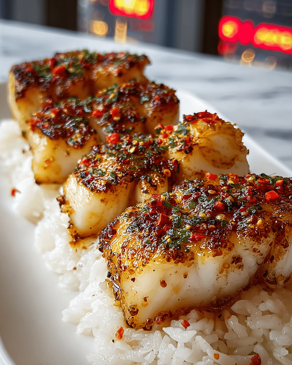 Four pieces of cooked white fish with a golden-brown crust, covered with small red chili flakes and green herb bits, are placed on a layer of shiny white rice with soft, separated grains. The fish pieces are lined up closely on top of the rice in a white plate, showing a moist and flaky texture. The background has colorful, blurred city lights with a white marbled texture surface below. photo taken with an iphone --ar 4:5 --v 7