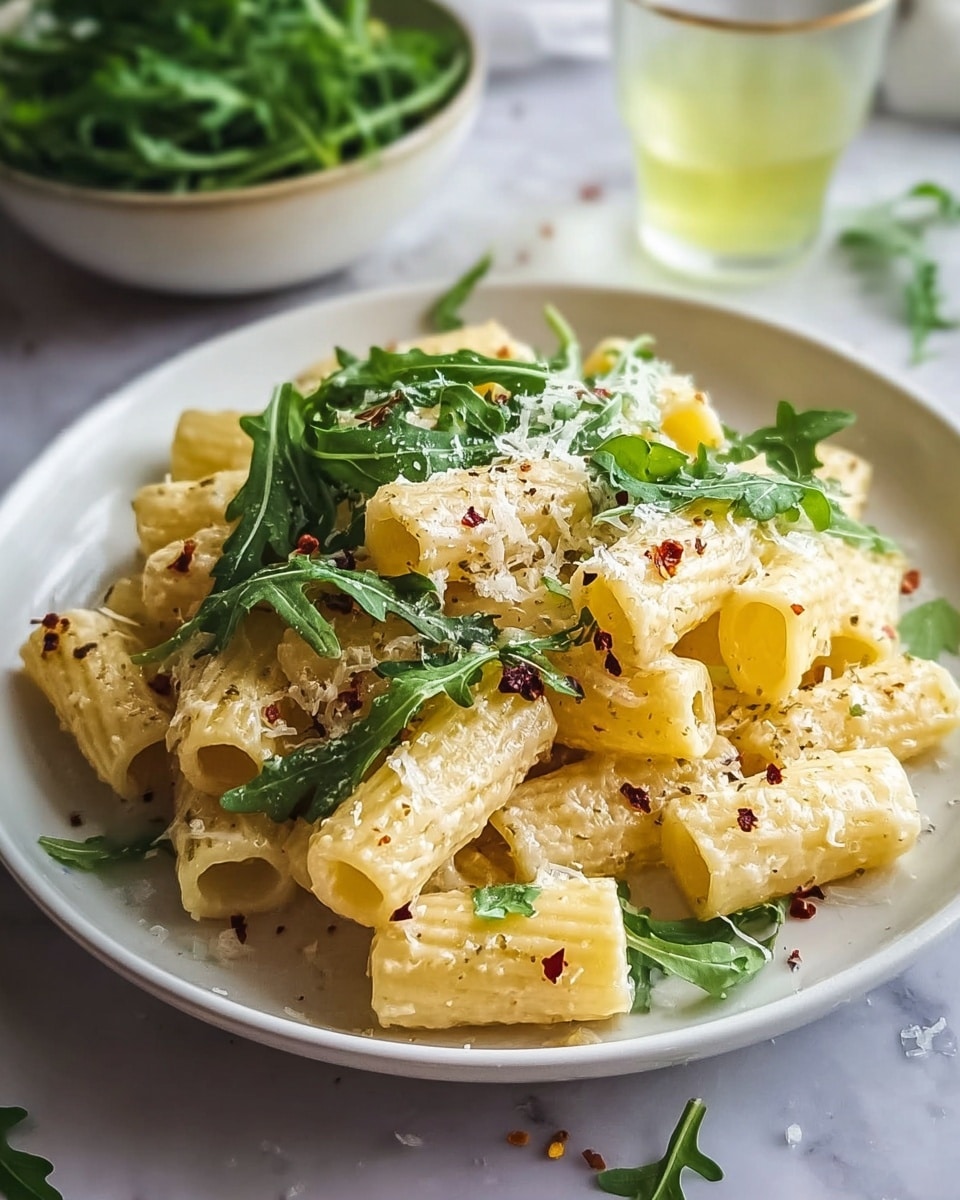 A white plate holds a single layer of rigatoni pasta coated in a light creamy sauce. The pasta is pale yellow with a smooth texture, scattered with finely grated cheese, black pepper specks, and red chili flakes. Fresh green arugula leaves with jagged edges lay on top and around the pasta, adding a contrasting color and texture. In the background, there is a bowl of fresh arugula and a halved lemon on a white marbled surface. photo taken with an iphone --ar 4:5 --v 7